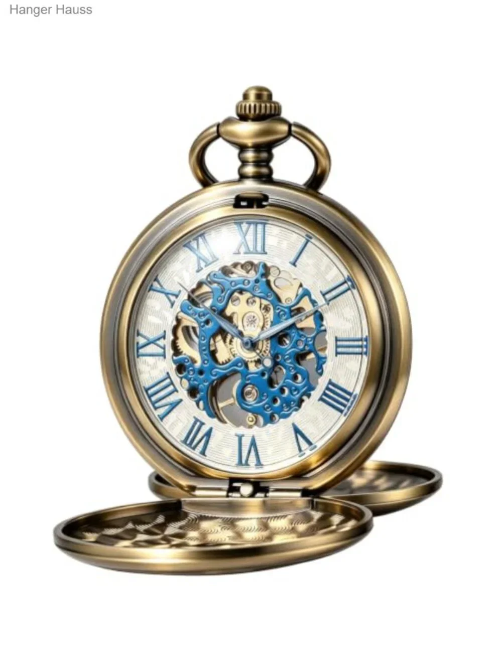 Vintage Mechanical Skeleton Pocket Watch with Box and Chain